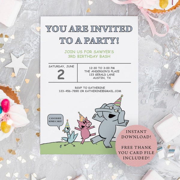 DIY Template Piggie and Gerald Inspired Children's Birthday Party Invitation - Piggie, Elephant, and Pigeon