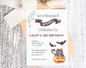 Halloween Theme Birthday Party Invitation with Cat and Pumpkin