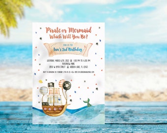 May include: A watercolor invitation for Ian's 3rd birthday party. The design features a pirate ship with balloons and a mermaid tail. The text reads "Pirate or Mermaid, Which Will You Be?" and includes party details.