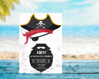 May include: A white invitation card with a pirate theme. The design includes a black pirate hat with a skull and crossbones, a red sash, an eye patch, and a beard. The text reads "AHOY! Captain Sawyer is turning 4!" and event details.