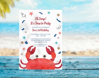 May include: A colorful birthday party invitation with a red crab illustration. The invitation reads "Oh Snap! It's Time to Party" and includes details for Ben's 3rd birthday party.