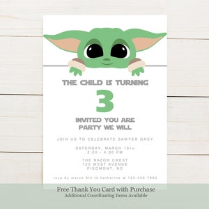 May include: A green and gray birthday invitation featuring a cartoon character with large eyes. The text reads "The Child is Turning 3 Invited You Are Party We Will" and includes details for a party on March 10th.