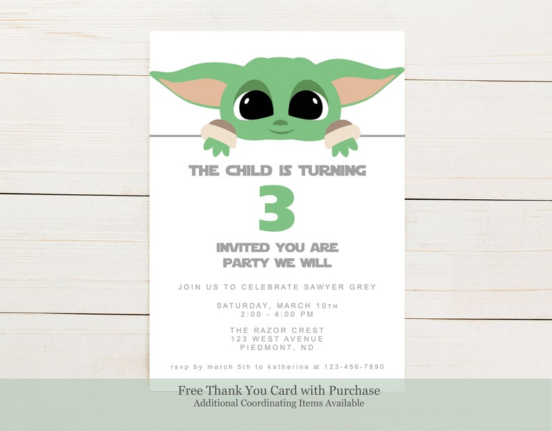May include: A green and gray birthday invitation featuring a cartoon character with large eyes. The text reads "The Child is Turning 3 Invited You Are Party We Will" and includes details for a party on March 10th.