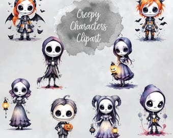 Creepy Skeleton Halloween Characters Clipart, PNG - Instant Download