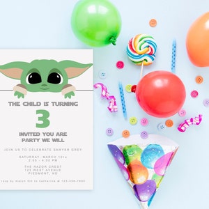 May include: A green and gray birthday party invitation with a cartoon image of a green alien character with big eyes. The text on the invitation reads "The child is turning 3. Invited you are party we will. Join us to celebrate Sawyer Grey Saturday, March 10th 2:00-4:00 PM The Razor Crest 123 West Avenue Piedmont, ND RSVP by March 5th to Katherine at 123-456-7800"
