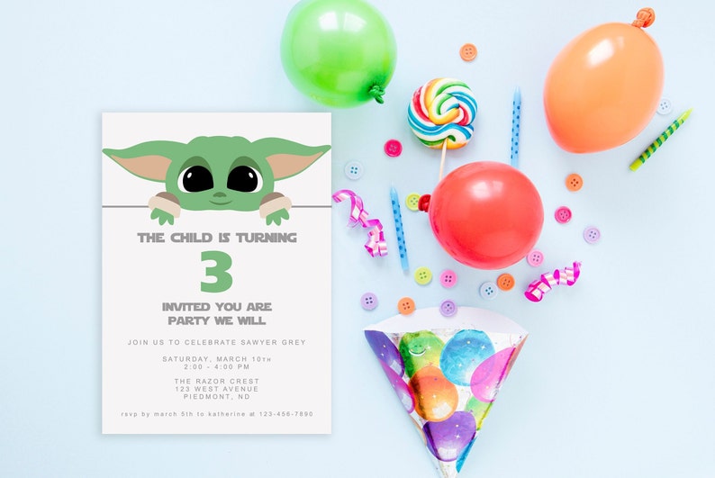 May include: A green and gray birthday party invitation with a cartoon image of a green alien character with big eyes. The text on the invitation reads "The child is turning 3. Invited you are party we will. Join us to celebrate Sawyer Grey Saturday, March 10th 2:00-4:00 PM The Razor Crest 123 West Avenue Piedmont, ND RSVP by March 5th to Katherine at 123-456-7800"