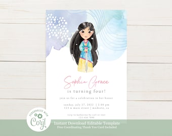 May include: A watercolor invitation with a cartoon illustration of a girl in a traditional outfit. The invitation reads "Sophia Grace is turning four!" and includes event details. The design features blue and purple watercolor accents.