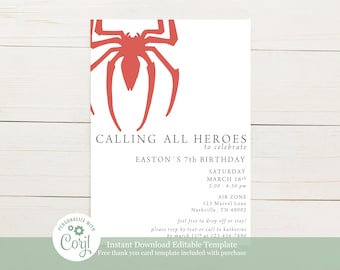 May include: White invitation card with a red spider graphic at the top. Text reads "CALLING ALL HEROES to celebrate EASTON'S 7th BIRTHDAY" with event details. Includes a "Personalize with Corjl" logo and a green banner at the bottom.