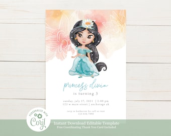 Pode incluir: Um convite de aniversário com uma ilustração em aquarela de uma princesa em verde-azulado e branco. O convite inclui o texto "princess olivia is turning 3" e os detalhes do evento.