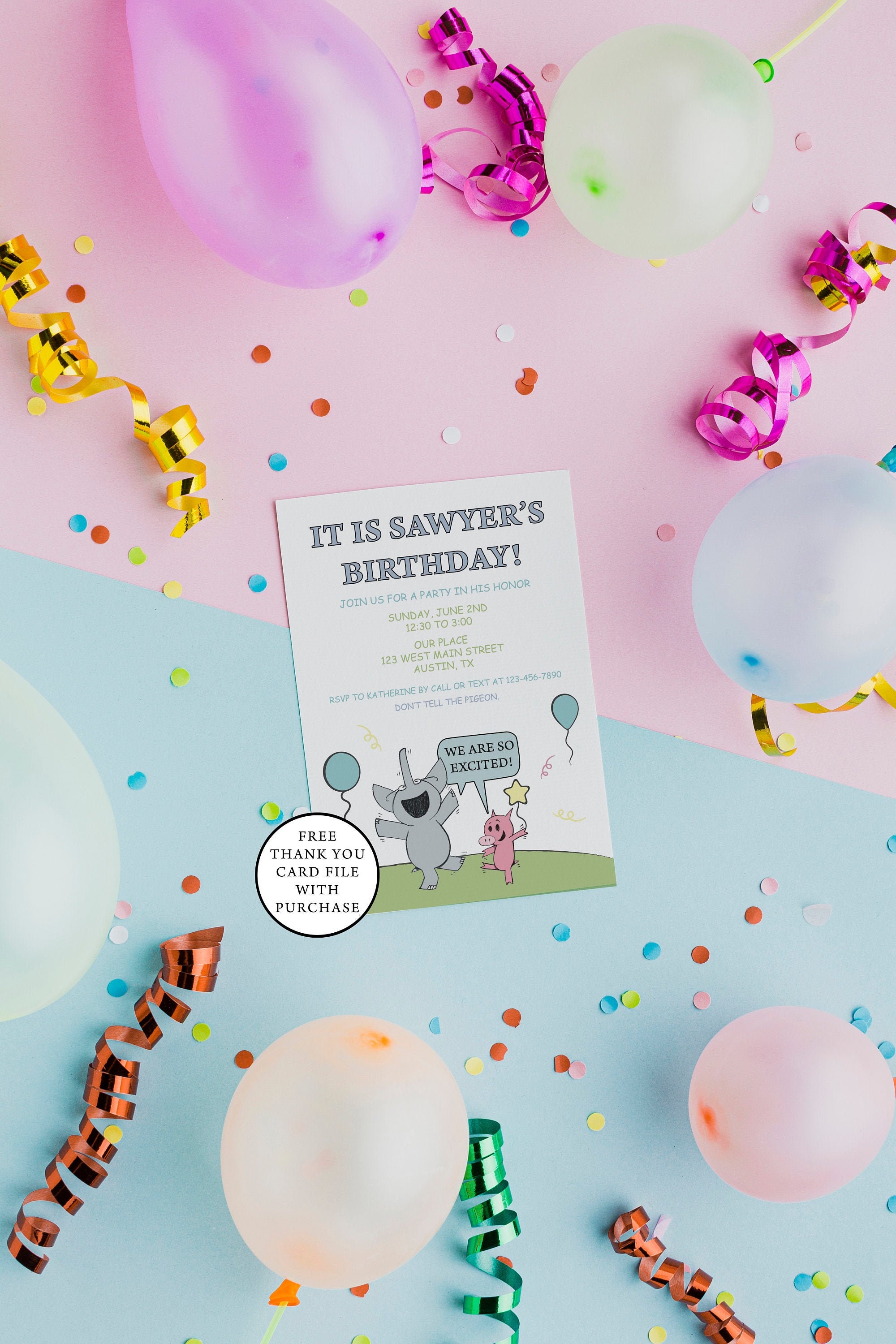 Piggie and Elephant Inspired Children's Birthday Party Invitation ...