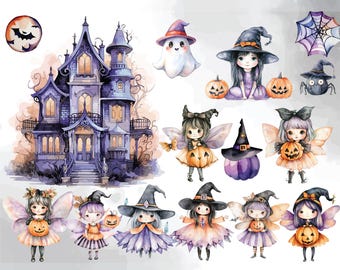 Cute Fairy Witch Halloween Clipart Bundle, Halloween Witch PNG Set - Instant Download