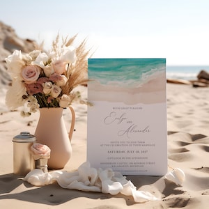 Watercolor Beach Wedding Invitation 3 Piece Set - Beach Wedding Invitation
