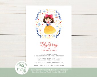 May include: White invitation card featuring a watercolor illustration of a girl in a yellow dress, surrounded by a floral wreath. The text reads "Lily Gray is turning five" and includes party details. The invitation is a downloadable template.