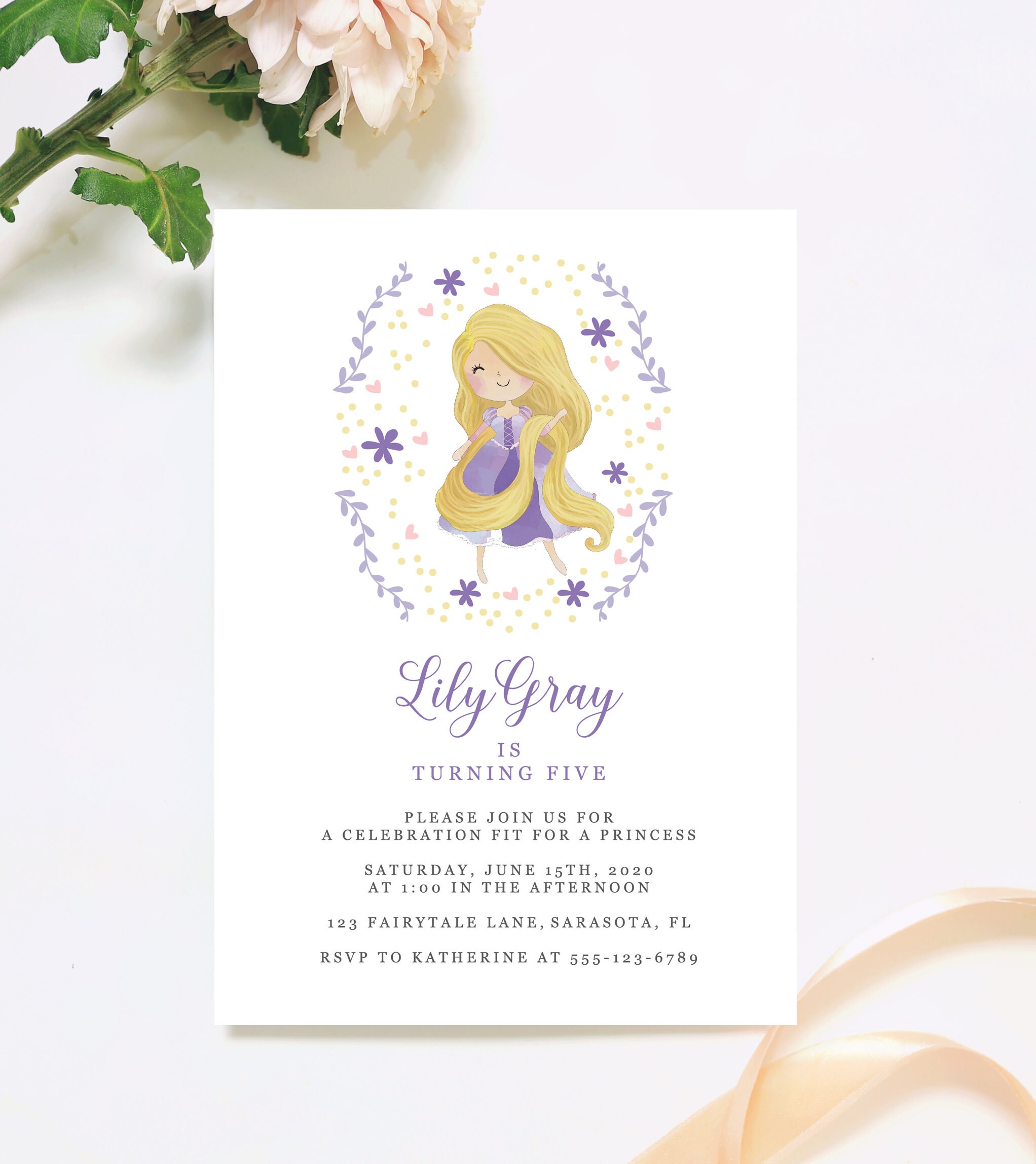 Tangled Princess Birthday Party Invitation Rapunzel Watercolor