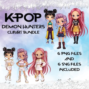 May include: Digital clipart bundle featuring six stylized K-Pop Demon Hunters characters. Each character has unique hairstyles and outfits in various colors. The text "K-POP DEMON HUNTERS CLIPART BUNDLE" is displayed, along with "6 PNG FILES AND 6 SVG FILES INCLUDED".