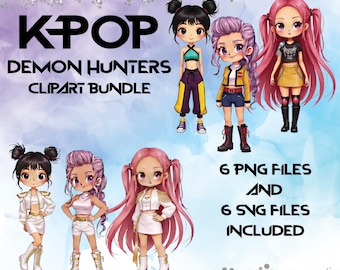 K Pop Demon Hunters Clipart Bundle, Chibi Watercolor PNG and SVG Set - Instant Download