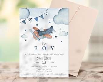 Boy's Airplane Baby Shower Invitation, Watercolor Airplane Baby Shower Invitation