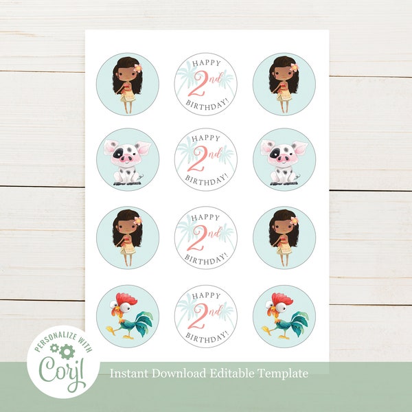 Watercolor Moana and Friends Princess Birthday Party Cupcake Toppers - Editable Template