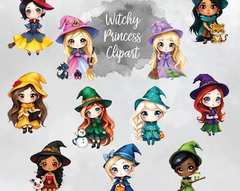 Witch Princesses Halloween Clipart, PNG - Instant Download