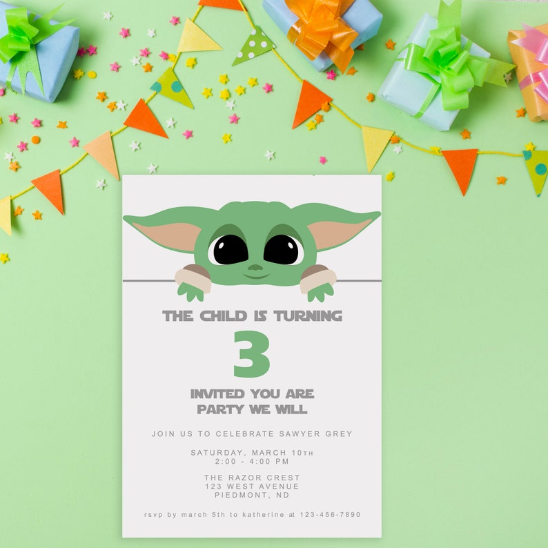 May include: A green and white birthday party invitation featuring a cartoon character from the Star Wars franchise. The invitation reads "The Child is Turning 3" and includes details for a party celebrating Sawyer Grey.