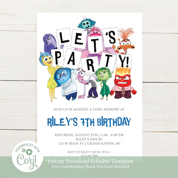 Invitación de cumpleaños de Inside Out - Plantilla editable