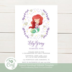 Editable Template Little Mermaid Birthday Party Invitation - Ariel