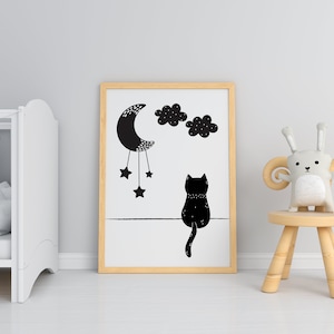 Digital Nursery Art, Cat and Moon Print, Kitty Print, Black Cat Print