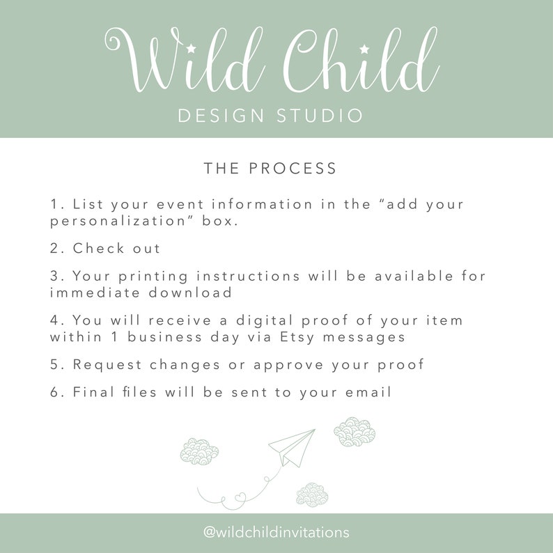 May include: A green and white graphic with the text "Wild Child Design Studio" and a list of steps for the design process. The steps include: 1. List your event information in the "add your personalization" box. 2. Check out. 3. Your printing instructions will be available for immediate download. 4. You will receive a digital proof of your item within 1 business day via Etsy messages. 5. Request changes or approve your proof. 6. Final files will be sent to your email. The graphic also includes a paper airplane and clouds.
