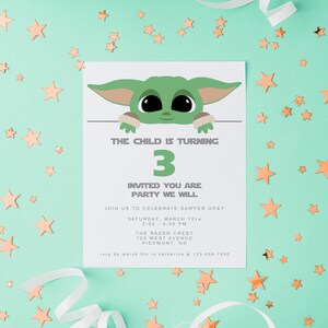May include: A green and white birthday party invitation with a cartoon character. The invitation says "The child is turning 3" and "Invited you are party we will". The invitation also includes the date, time, and location of the party.