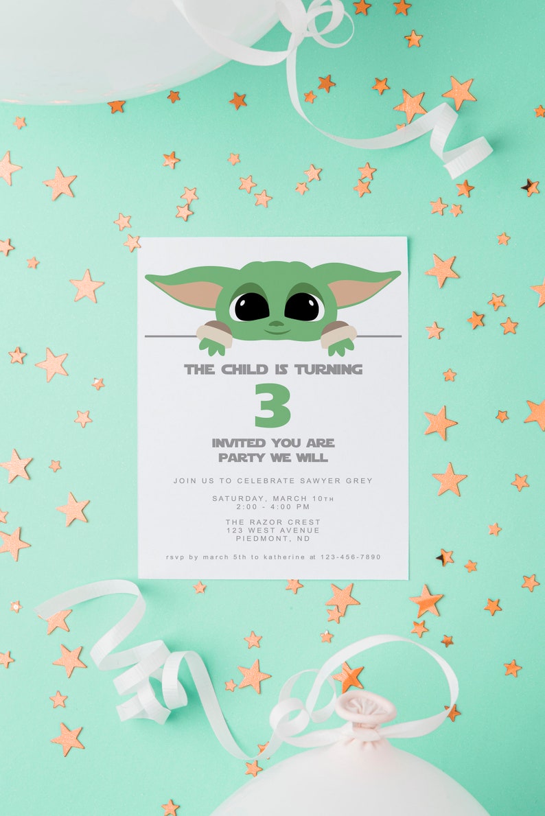 May include: A green and white birthday party invitation with a cartoon character. The invitation says "The child is turning 3" and "Invited you are party we will". The invitation also includes the date, time, and location of the party.