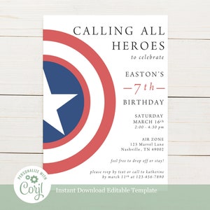 Captain America Super Hero Birthday Party Invitation - Editable Template