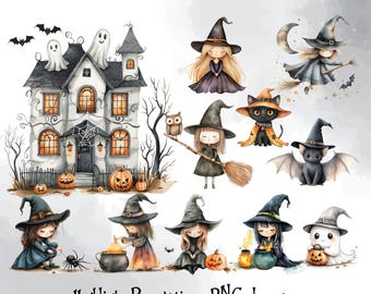 Cute Witch Halloween Clipart Bundle, Halloween Witch PNG Set - Instant Download
