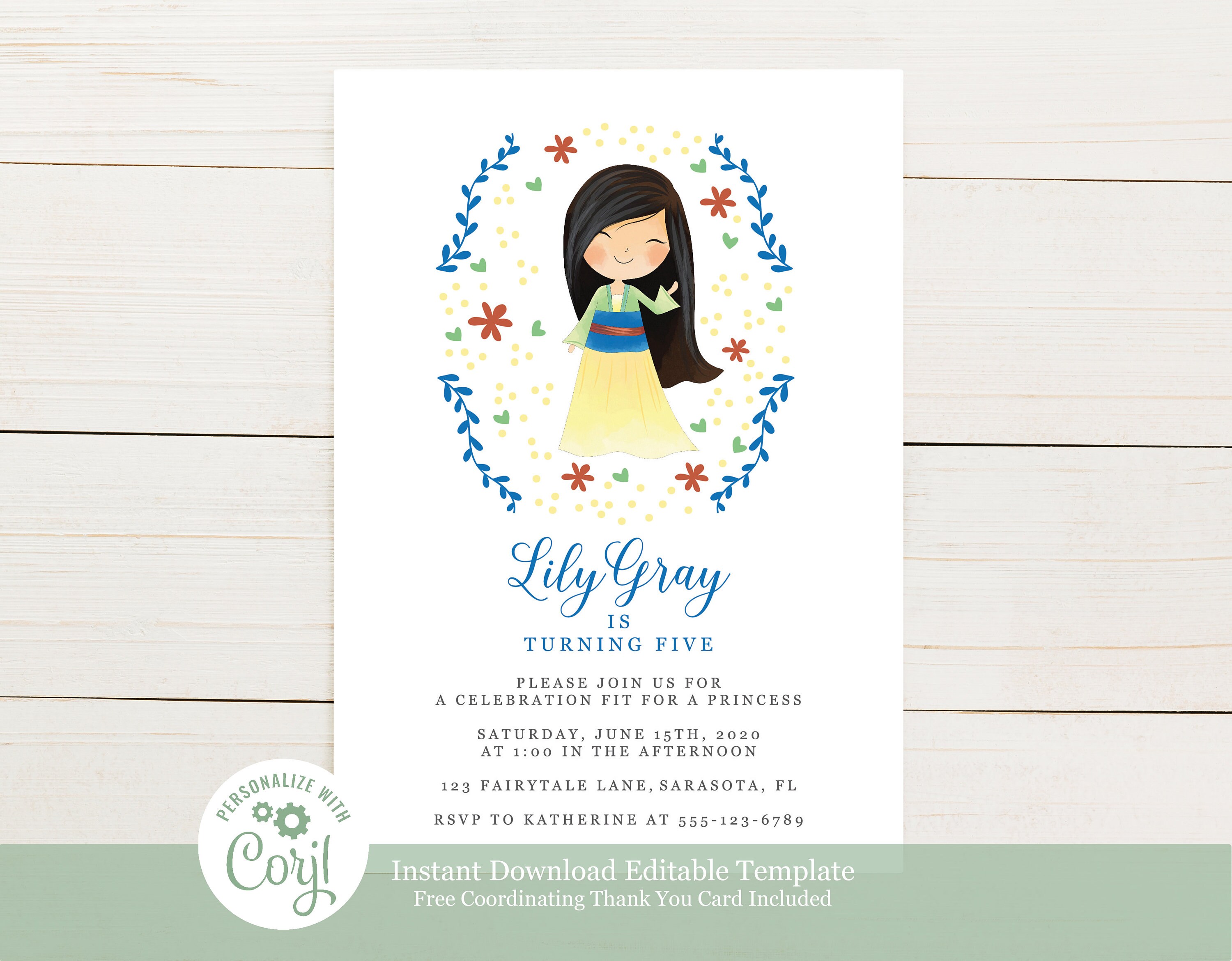Editable Template Mulan Princess Birthday Party Invitation Etsy