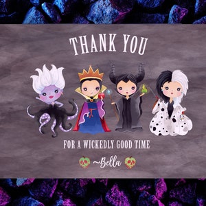 Puede incluir: Tarjeta de agradecimiento con fondo de pizarra que presenta a cuatro personajes villanos de Disney: &Uacute;rsula, la Reina Malvada, Mal&eacute;fica y Cruella de Vil. El texto dice: "Gracias por un momento terriblemente bueno ~Bella~"