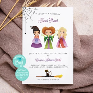Könnte beinhalten: Halloween-Party-Einladung mit dem Text "It's Just a Bunch of Hocus Pocus" und Illustrationen von drei Hexen. Die Einladung enthält Party-Details, eine schwarze Katze und einen Besen.