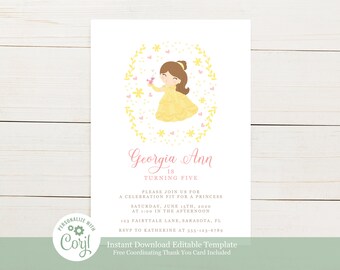 Editable Template Beauty and the Beast Princess Birthday Party Invitation - Belle
