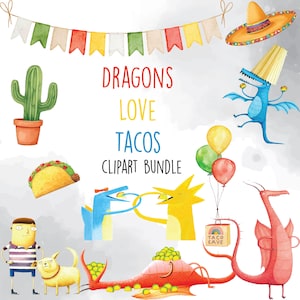 Könnte beinhalten: Aquarell-Clipart-Bundle mit einem skurrilen Thema. Enthält einen Kaktus, Taco, Drachen, Luftballons und einen Sombrero. Text: "Dragons Love Tacos Clipart Bundle". Bunte und verspielte Illustrationen für verschiedene kreative Projekte.