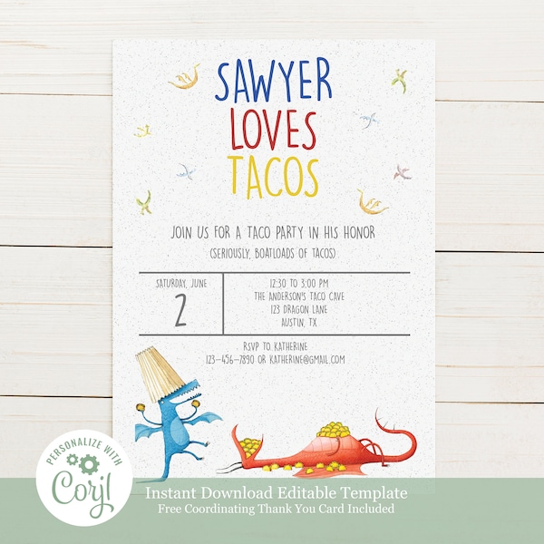 Dragons and Tacos Birthday Party Invitation - Editable Template