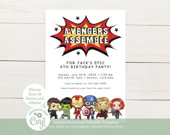 Invitation d'anniversaire Avengers, modèle modifiable à téléchargement immédiat