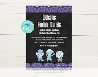 Invitación DIY para fiesta de Halloween en la Mansión Embrujada con fantasmas haciendo autostop, invitación de cumpleaños de la Mansión Embrujada, descarga instantánea