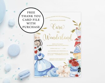 Alice in Wonderland Inspired Birthday Party Invitation in Blue and Gold