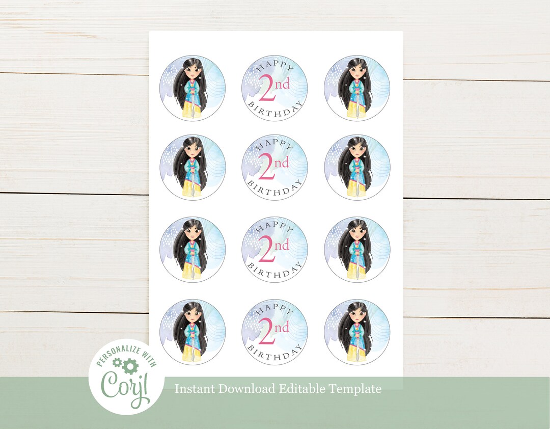 Mulan Hand-painted Princess Birthday Party Cupcake Toppers Editable ...