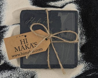 Hawaiian Town Map Coaster Set: Laser Engraved Slate Drink Coasters