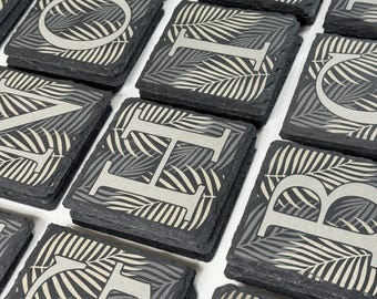 Palm Leaf Monogram Slate Coasters: Laser Engraved Personalized Drink Coasters