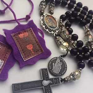 Rosary Cross of Forgiveness, Medal of Marie Julie Jahenny, Purple Scapular.