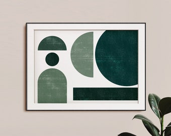 Geometric Minimal Landscape Printable in Forest Green Geometric Printable Graphic Mid Century Style Block print at home Instant Download