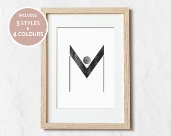 LETTER M Print in 3 Styles and 4 Colours geometric mid century modern Wall Art Printable textured hand drawn letter print modern abstract