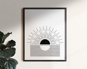 May include: Black and white minimalist art print of a stylized sun setting over a horizon with horizontal lines. The sun is a half circle with rays emanating from it.