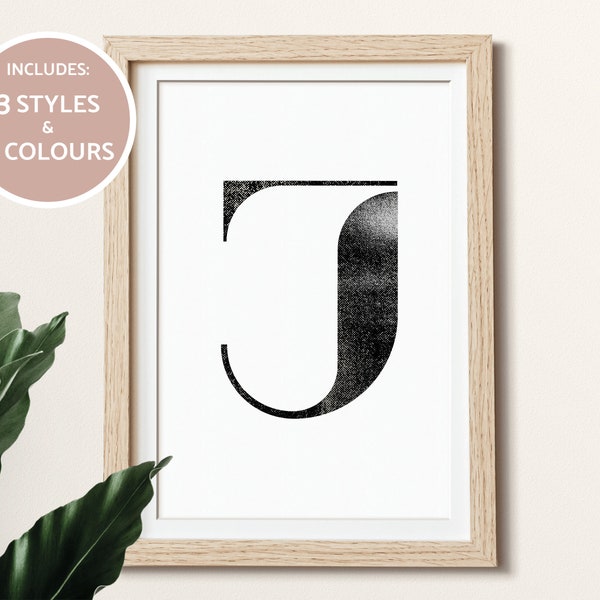 Letter J Print in 3 Styles and 4 Colours minimal Wall Art print at home, modern Black and white print multiple Styles and colours printable
