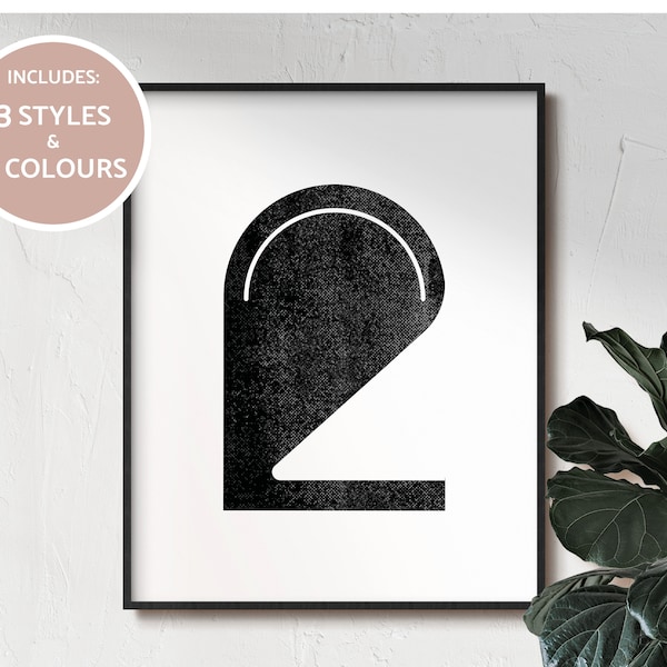 NUMBER TWO Print in multiple Styles and Colours Modern Wall Art Printable Minimal monochrome number Mid Mod cursive font tan blue pink